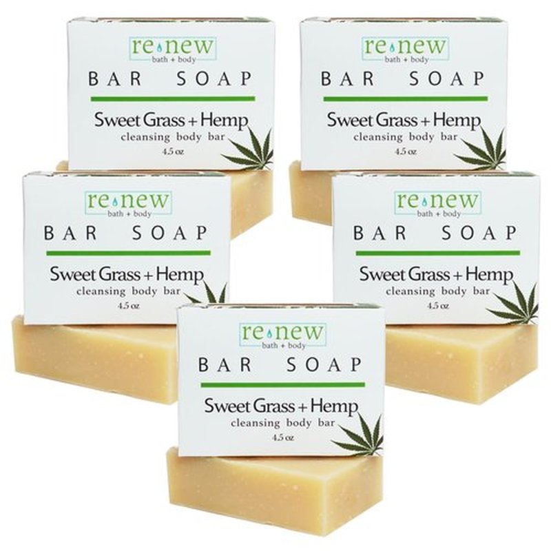 renew bath + body Natural Bar Soap, Sweet Grass & Hemp, Handmade in the USA by Cold Process with a Moisturizing Oil Blend Infused with Shea Butter - 5 Pack, 4.5 ounce bars