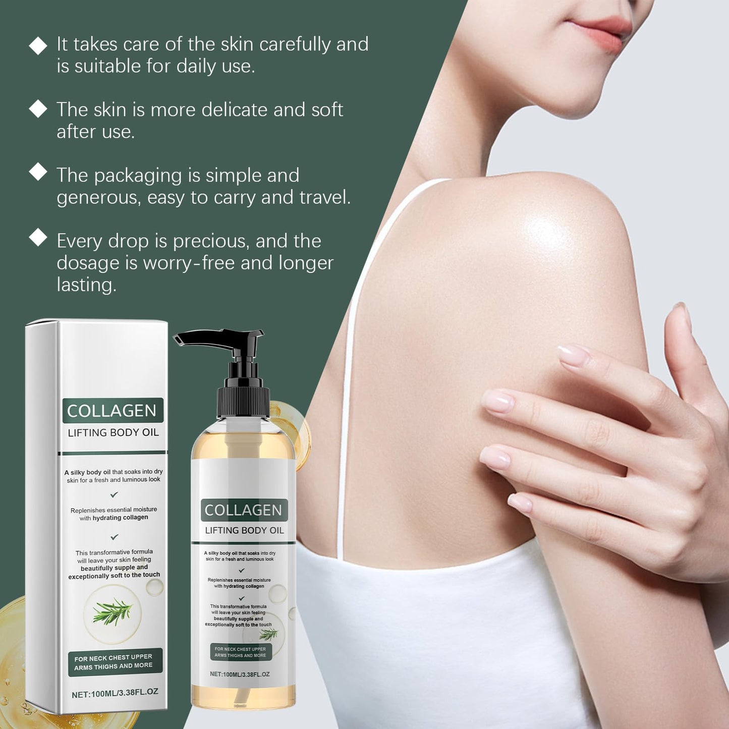 GLPYUEW Hydrating Collagen Oil For Body & After Shower,Moisturizing Anti Aging Silk Body Oils for Women & Men,Smooth & Anti Wrinkles,Helps Soften Appearance Of Crepey Skin,3.38 Fl Oz (Pack of 2)