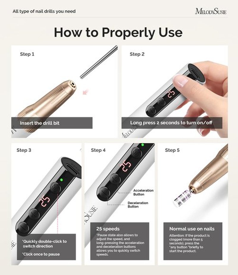 MelodySusie Rechargeable Cordless Electric Nail Drill,PC180E 25000RPM Portable Nail Efile for Acrylic Gel Dip Powder Nails, 25 Speeds with Nail Drill Bits Sanding Bands (Gold)