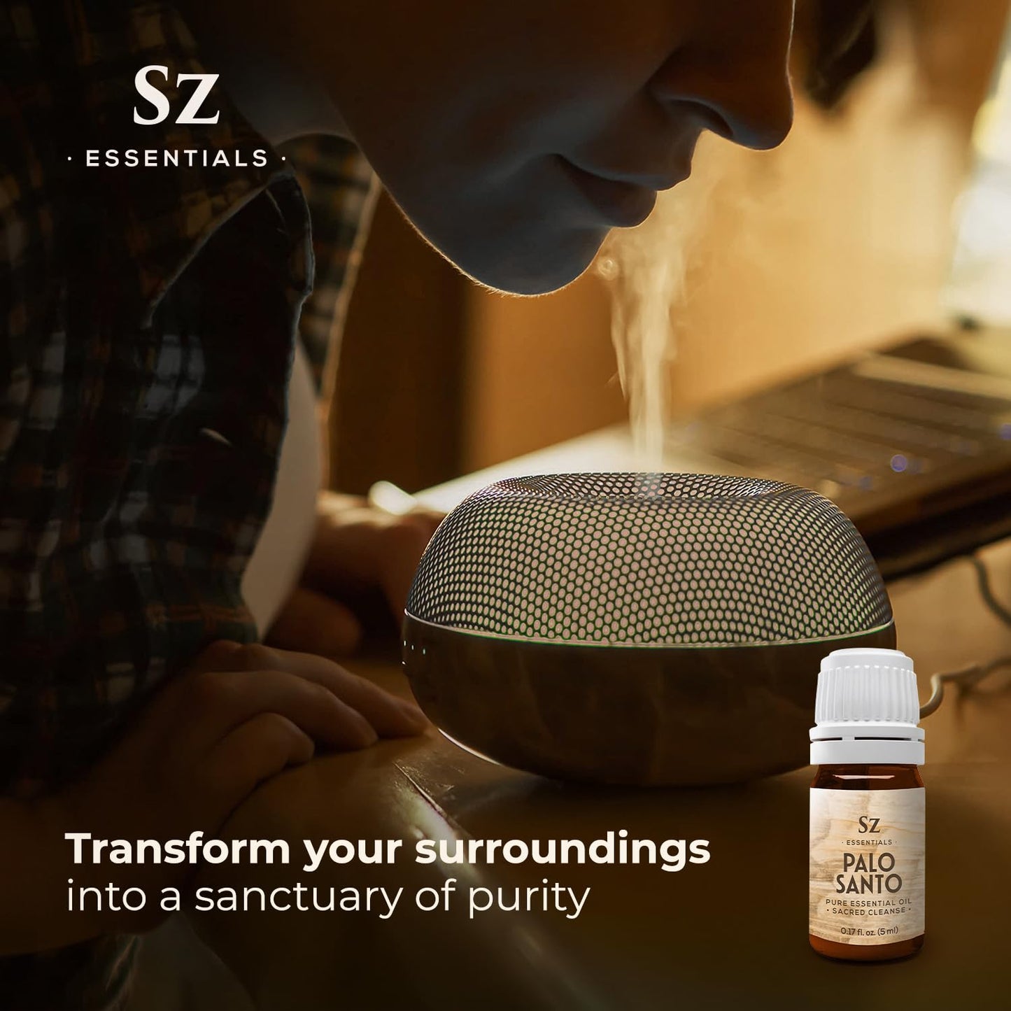 Sz Essentials Palo Santo Essential Oil – 100% Pure – Ethically Sourced from Peru – Sacred Oil for Ritual Use, Spiritual Cleansing & Energy Clearing – Bursera graveolens – Vegan – 0.17 fl oz (5mL)