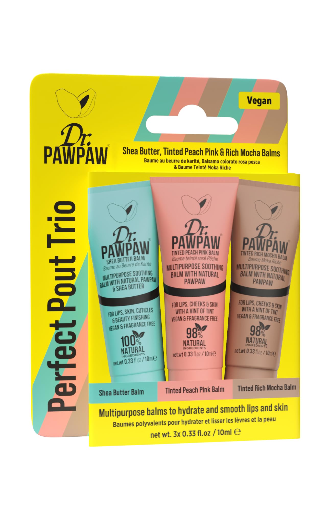 Dr. PawPaw Mini Perfect Pout Trio - Lip Balm Giftset - Nourishing and Hydrating Lip Balms for Women - Peach Pink, Shea Butter, and Rich Mocha - 3 pc