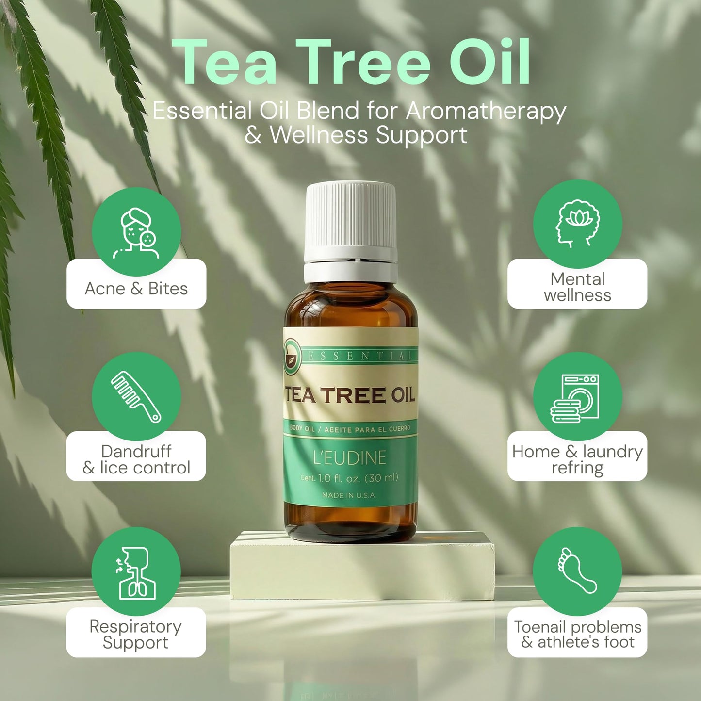 L’EUDINE Tea Tree Oil – 1fl Oz Multipurpose Body Oil for Acne, Toenail Problems, Dandruff, Skin Bites, Lice – Made in USA – All-Natural and Safe Essential Oil – Refreshing on Clothes, Cleaning