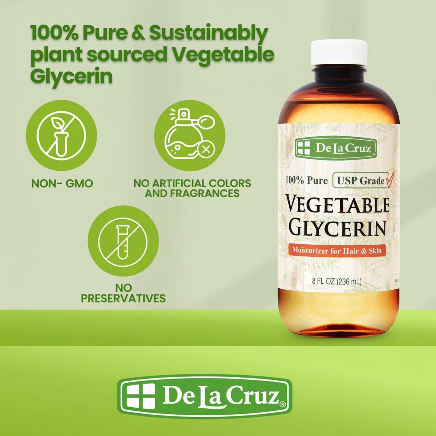 De La Cruz Vegetable Glycerin, 100% Pure Liquid Glycerine USP Grade for Hair, Skin and DIY Projects 8 FL. OZ.