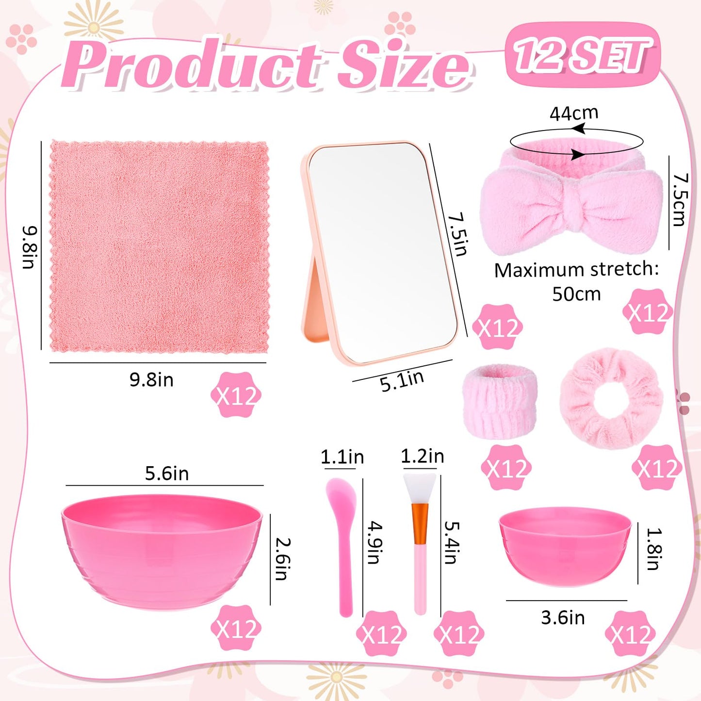 Honeydak 12 Set Spa Party Favors for Girls Sleepover Slumber Party Supplies with DIY Facial Kit Face Mask Mixing Bowl Silicone Brush Headband, Mirror Towel for Birthday Bridal Shower(Pink)