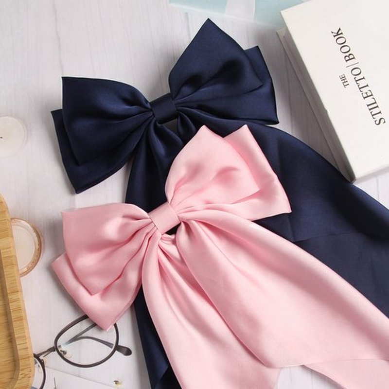 SUSULU Hair Bows for Women Girls,Large Satin Bow Barrette Hair Clips Long Ribbon Bow Clips Suit for Thick Thin Hair,Hair Accessories 90's 2pcs Back to School Birthday Gifts (Navy Pink)