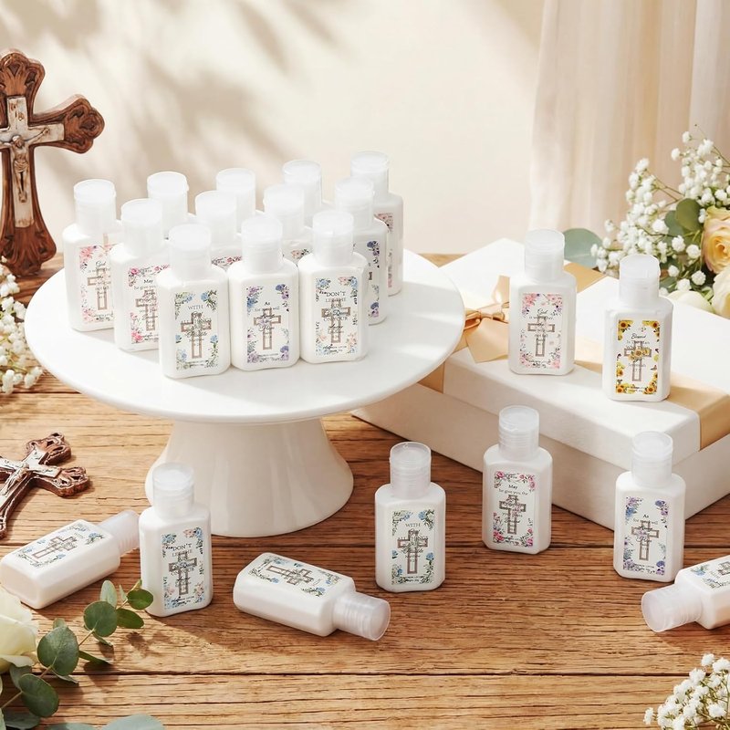 Christian Party Favors - 30 Pcs Mini Sunscreen with Inspiring Flower Cross Bible Verse | Travel Size 1 oz SPF 30 for First Communion & Baptism