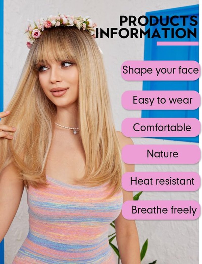 Getshow Blonde Wigs for Women Layered Straight Long Wig with Bangs Natural Synthetic Hair with Dark Roots