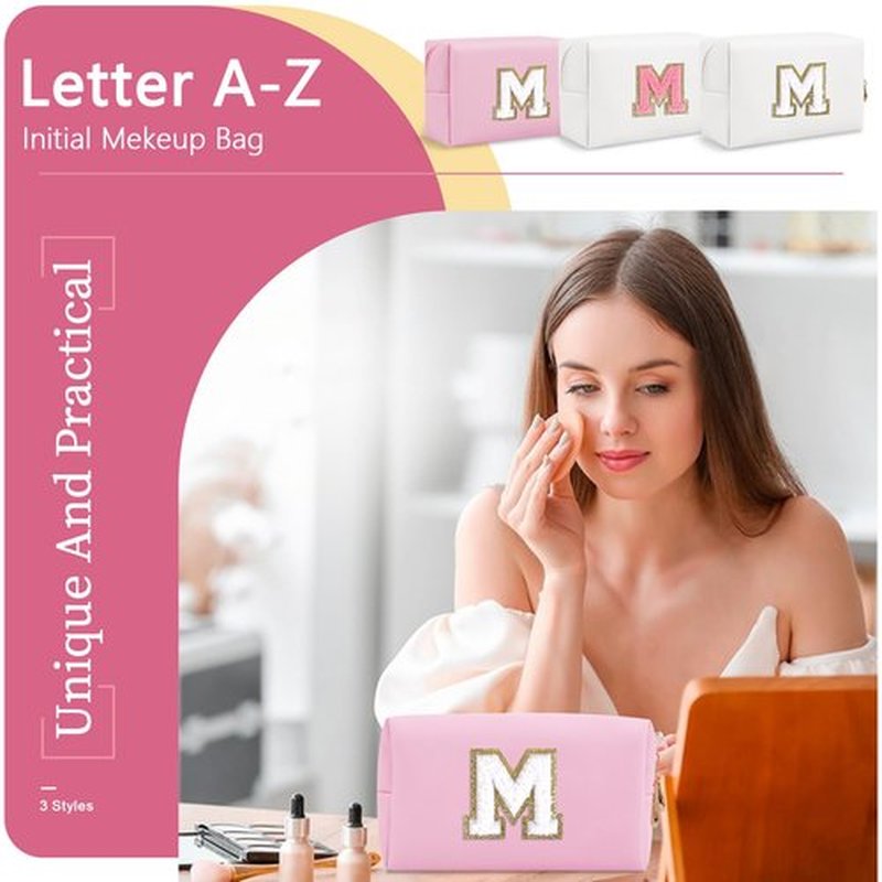 Personalized Initial A-Z Preppy Patch Makeup Bag,Small PU Chenille Letter Cosmetic Bag with Zipper for Teen Girls,Pink Cute Toiletry Organizer Bag,Monogram Makeup Case Gift for Women Girls,Letter M