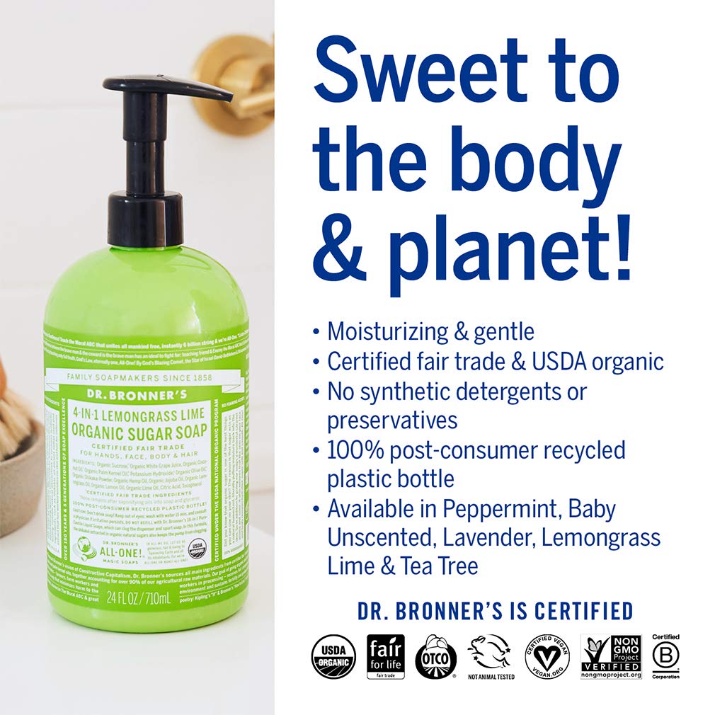 Dr. Bronner's Organic Sugar Soap (Baby Unscented, 24 Ounce) - Made with Regenerative Certified Organic Oils, Sugar & Shikakai Powder, 4-in-1 Use: Hands, Body, Face and Hair- Liquid Soap, Nourishes