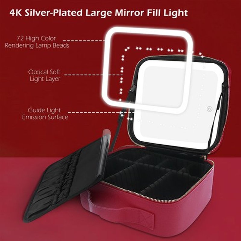MOMIRA Makeup Bag with Mirror and Light Travel Makeup Train Case Cosmetic Bag Organizer Portable Artist Storage Bag with Adjustable Dividers Makeup Brushes Storage Organizer Rose red