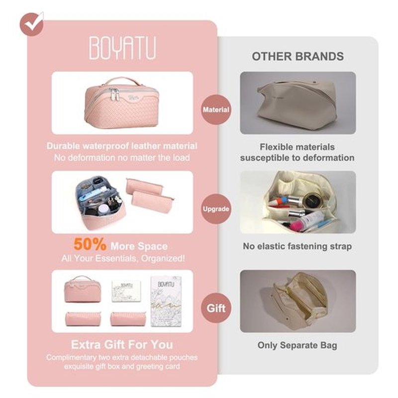 Travel Makeup Bags Cosmetic Organizer Bag: Large Capacity Make up Bag Set of 3 - Vegan Leather Toiletry Bag for Women - Portable Makeup Organizer with Compartments & Handle & Divider (01 Light Pink)