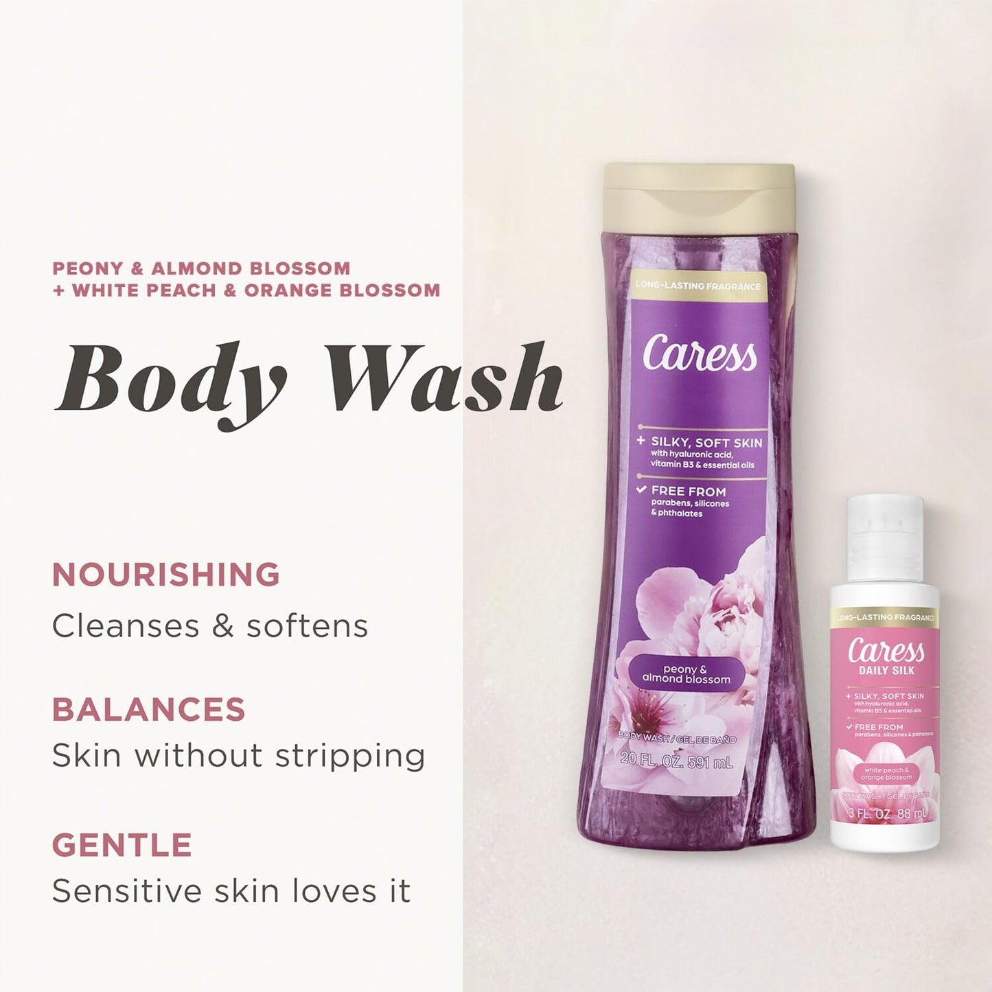 Caress Body Wash, Daily Silk Travel-Size + Full-Size Peony & Almond Blossom Body Wash – Bath & Shower Essentials for Soft, Silky Skin