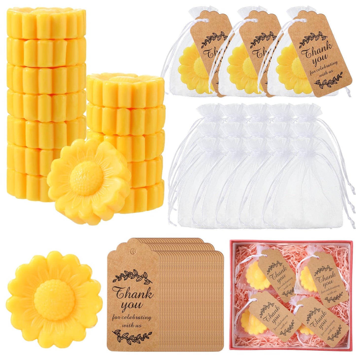 Dansib 25 Set Sunflower Mini Soap for Wedding Party Favors Bridal Shower Favors Baby Shower Soap Guests Gifts Small Handmade with Drawstring Organza Bags and Thank You Cards(Yellow)