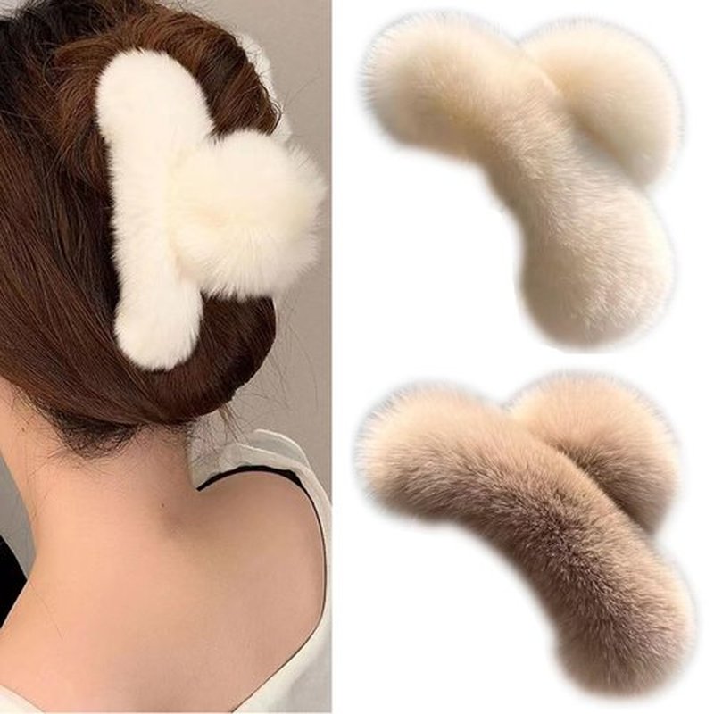 papasgix Hair Claw Clips for Women, Large Faux Fur Hair Claw Clip for Women, Large Hair Clips Winter Fluffy Plush Hair Claw Clips Hair Accessories (Coffee+White)