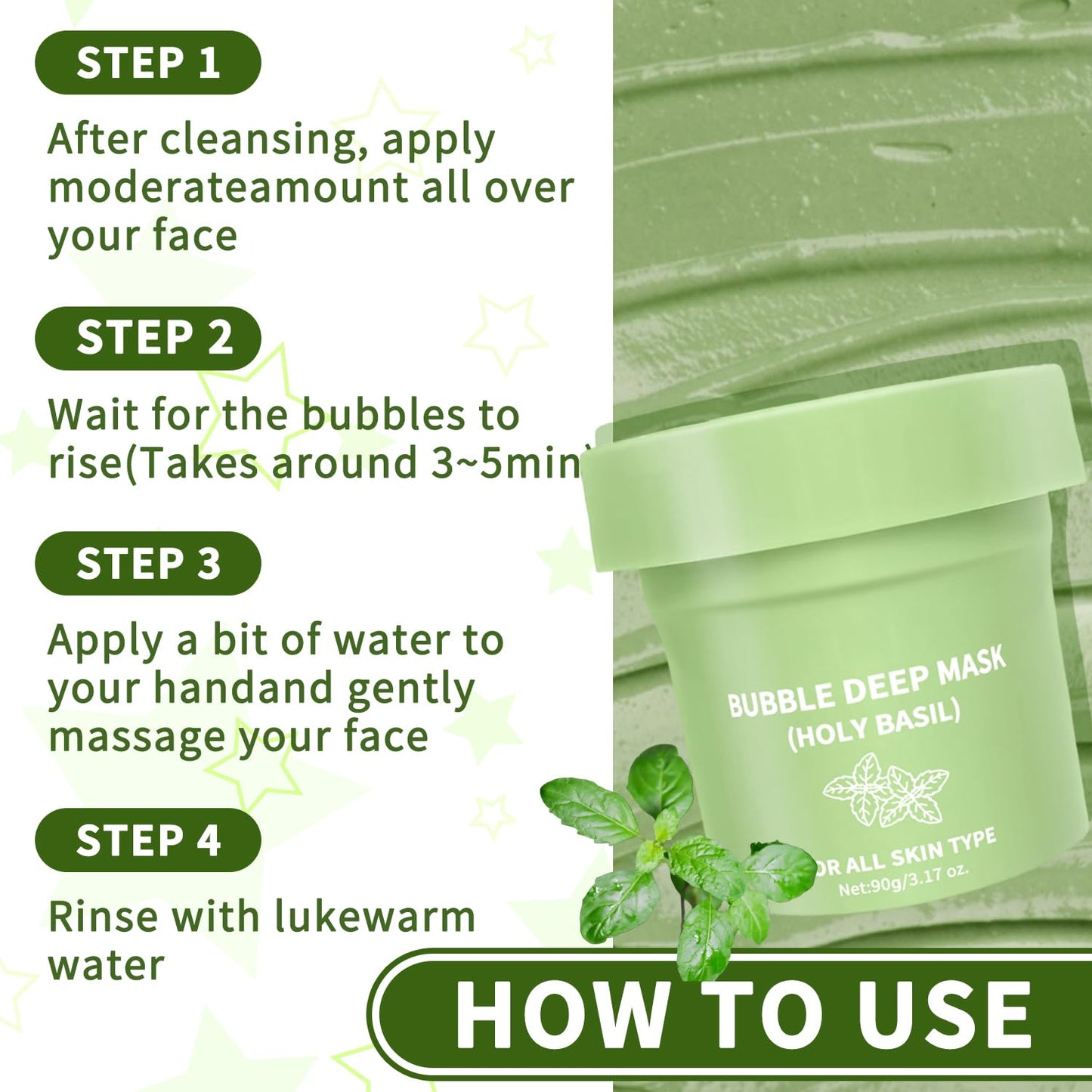 ZYGCDZ Holy Basil Bubble Deep Cleansing Mask with Carbonated Water for Pore Cleansing & Blackhead Removal, Korean Clay Bubble Wash-Off Facial Pack, 90g / 3.17 oz (01)