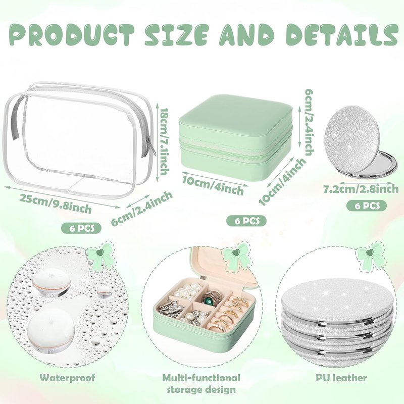Suncalla 48 Pcs Spa Party Favors | Bridesmaid Proposal Gifts & Sleepover Supplies - Green Headbands, Scrunchies, Jewelry Case, Makeup Bag & Mirror