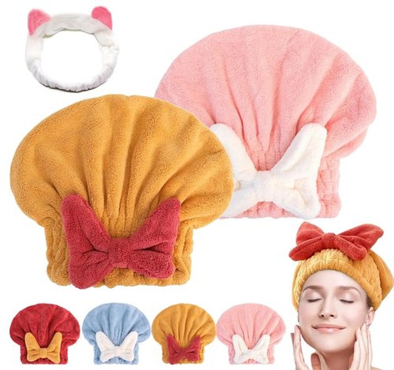 New Super Absorbent Hair Towel Wrap for Wet Hair, Efficient Absorbent Hair Towel Wrap, Microfiber Hair Towel Wrap, Quick-Drying Thickened Soft Bow Tie Wet Hair Towel Wrap for Women (Pink&Yellow)
