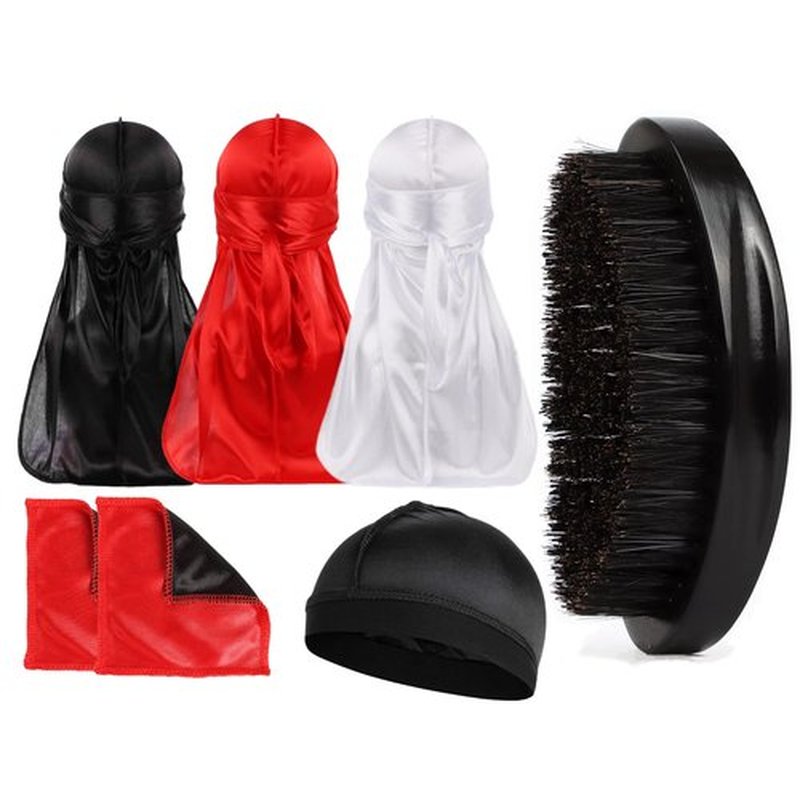 Himoswis 360 Wave Brush Set with Curved Medium Hard Brushes, Durag, Crown Patch - Hair Waves Starter Kit for Men