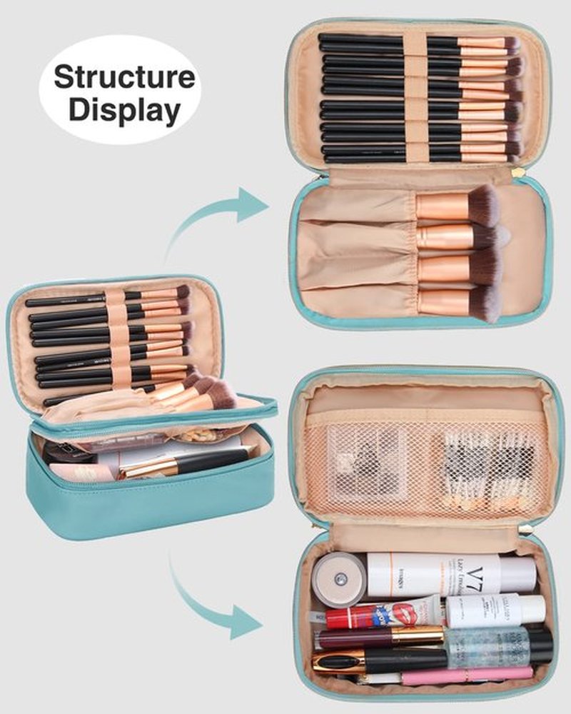 Relavel Small Makeup Bag, Travel Makeup Organizer, 2 layers Cosmetic Bag with Makeup Brush Holder, Compact Makeup Pouch for Women, Waterproof Toiletry Bag for Daily use(Light Blue)