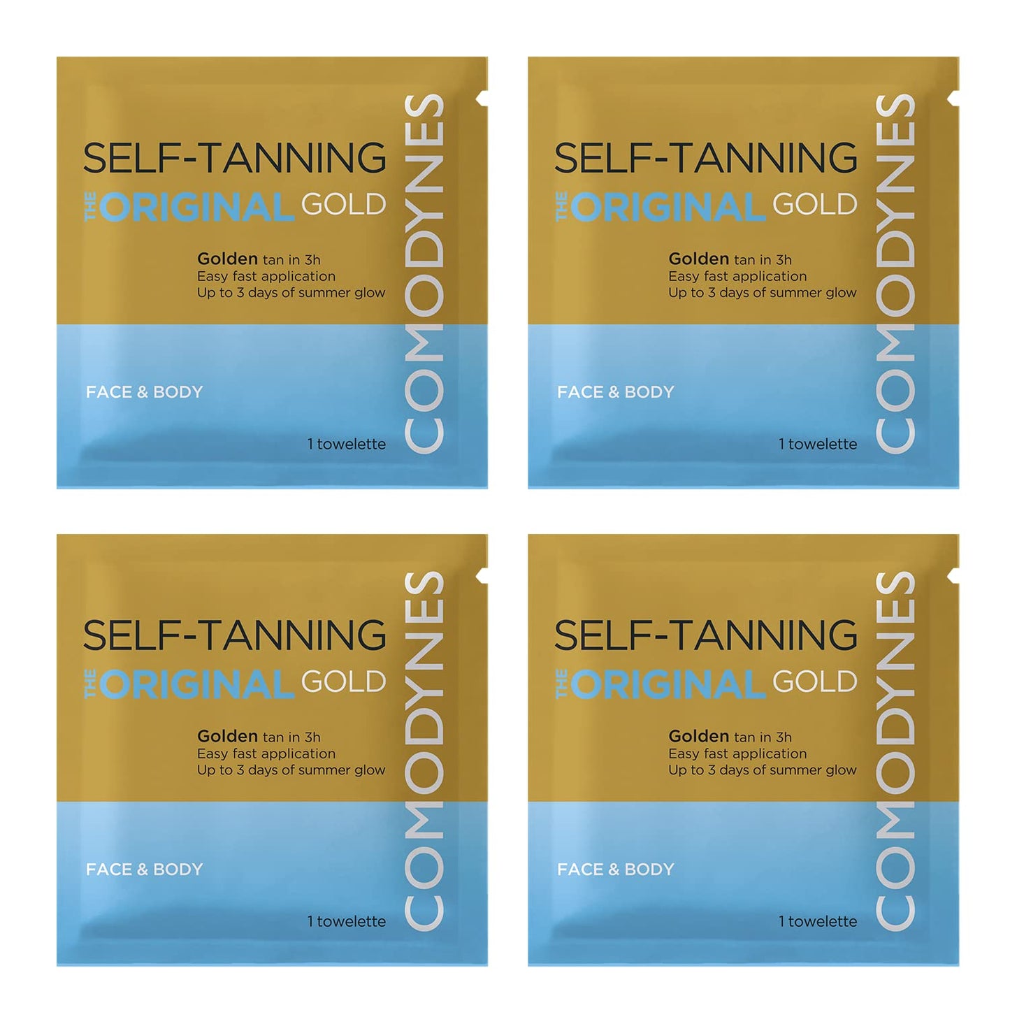 (4 Pack) COMODYNES Self-Tanning Towelettes Gold - Natural and Fast Bronzing - Individually Wrapped Towelettes