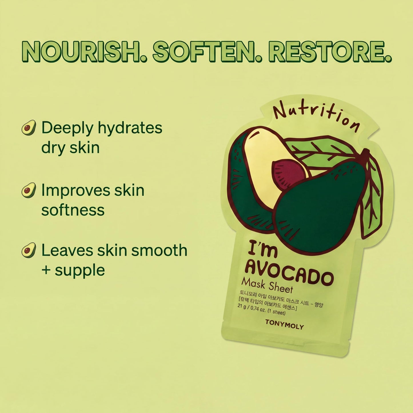 TONYMOLY I’m Avocado Sheet Mask – Nourishing Korean Face Mask with Avocado Extract for Hydration, Moisturizing & Soothing Skincare