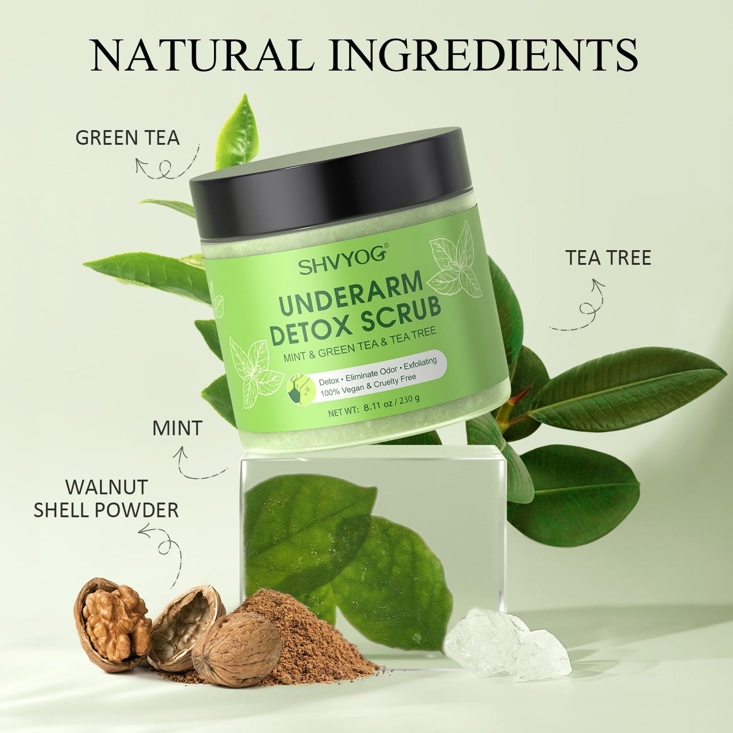 Underarm Detox Scrub, Armpit Detox Green Tea, Mint and Tea Tree Body Deodorant, Natural Dark Armpit Remover for Odors Eliminating and Exfoliating, also for Whole Body & Sensitive Skin, Unisex 8.11 Oz