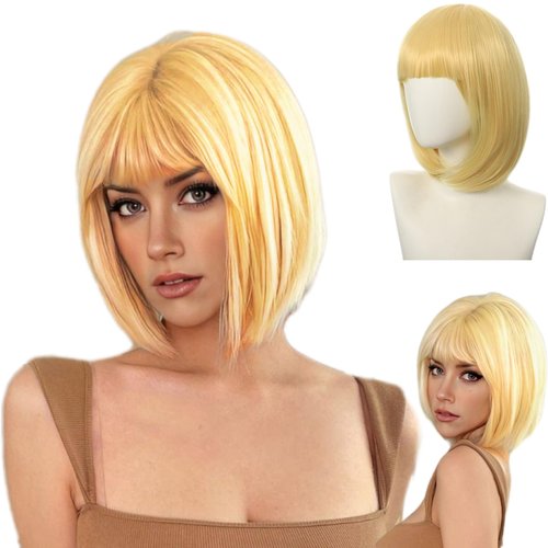 Tangyaoyusun 12Inch Brown Mix Blonde Wig with Bang Short Straight Bob Hair For Girls Women Theme Party(Blonde)