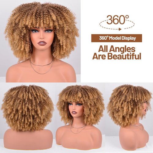 Vitorish 12 Inches Afro Curly Wigs for Black Women Afro Bomb Kinky Curly Wig with Bangs about 280g Fluffy and Soft Glueless Synthetic Hair Afo Wig (Ombre Blonde)
