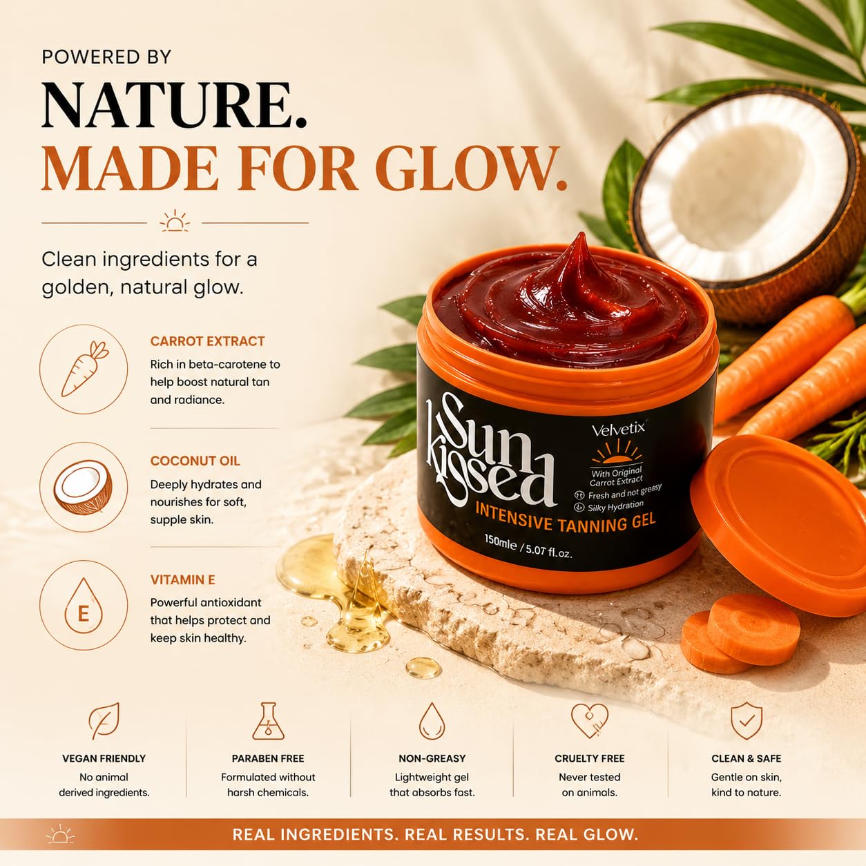 Velvetix Intensive Tanning Gel for Outdoor Sun, Fast Tanning Accelerator with Carrot Oil & Coconut Oil, Quick-Dry & Non-Greasy Sun Tanning Butter, Streak-Free Natural Bronze Glow, Vegan, 5 oz