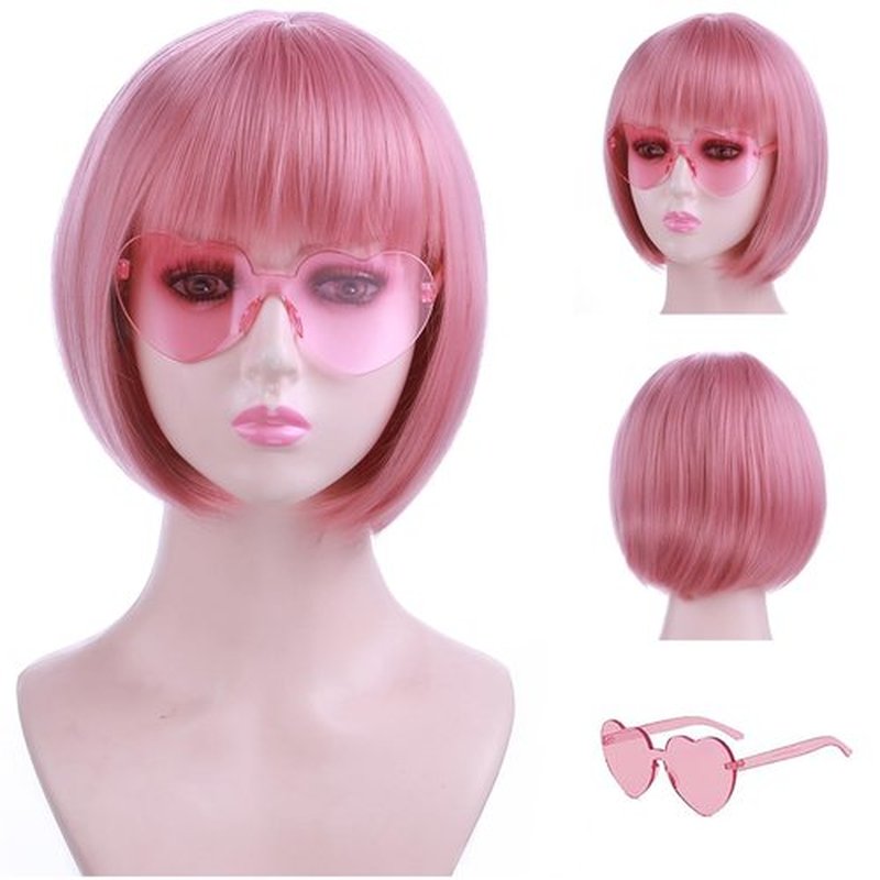 PATTNIUM Pink Bob Wig for Women Short Straight Pink Bob Wig with Bangs Sythetic Wig with Wig Cap