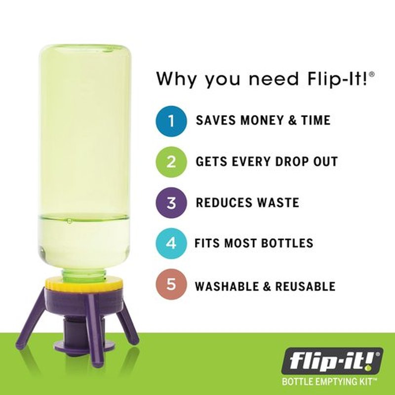 Flip-It! 1-Pack Bottle Emptying Kit – No more wasted product - Fits most plastic bottles – Get out every drop of Shampoos, Lotions, & More – 1 Base Cap, 3 Adapters – Pastel Color Edition