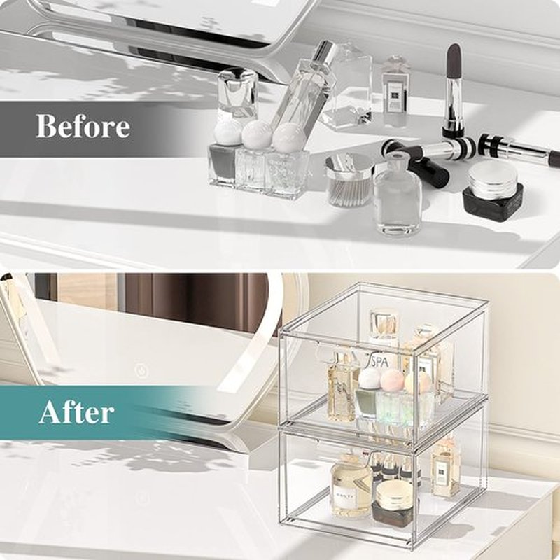 SpaceHacks 3 Pack Stackable Makeup Organizer and Storage, Acrylic Organizers，Clear Plastic Storage Drawer with Handles for Vanity, Undersink, Kitchen Cabinets, Pantry