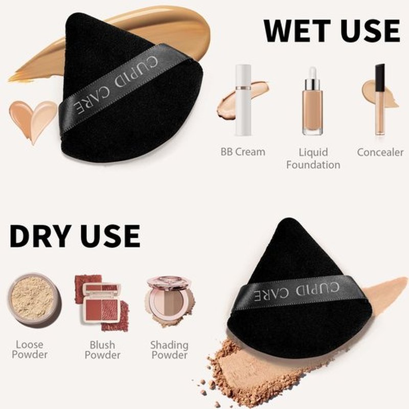 CUPID CARE 6 Pcs Triangle Powder Puff with 2 Travel Cases, Setting Powder Puffs for Face, Velour Makeup Puff for Loose Powder Body Powder, Blender Sponge Foundation Blending Sponges Beauty Tools