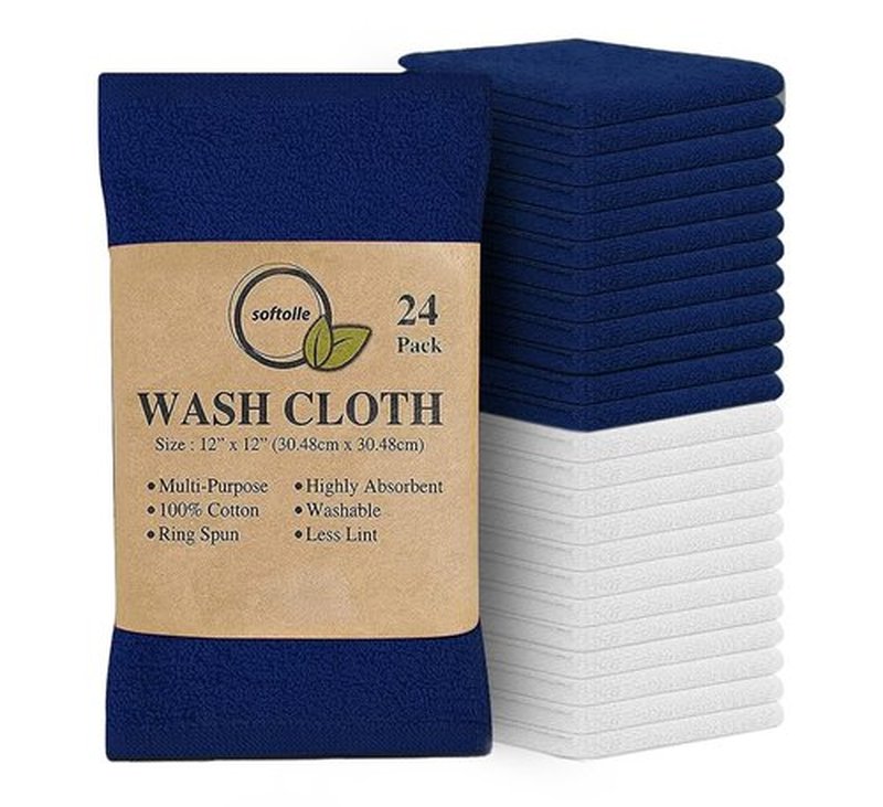Softolle 100% Cotton Ring Spun Wash Cloths – Bulk Pack of Washcloths – 12x12 Inches – Wash Cloth for Face, Highly Absorbent, Soft and Face Towels (Navy Blue/White, 24 Pack)