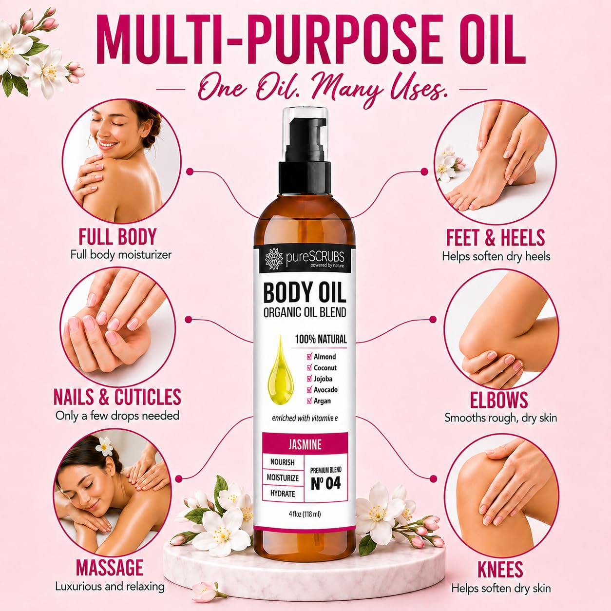 pureSCRUBS Ultra Moisturizing Jasmine Body Oil for Dry Skin, Lightweight Full Body Moisturizer for Soft, Silky Skin, Massage & Cuticle Oil, Vitamin E Enriched, 4 oz