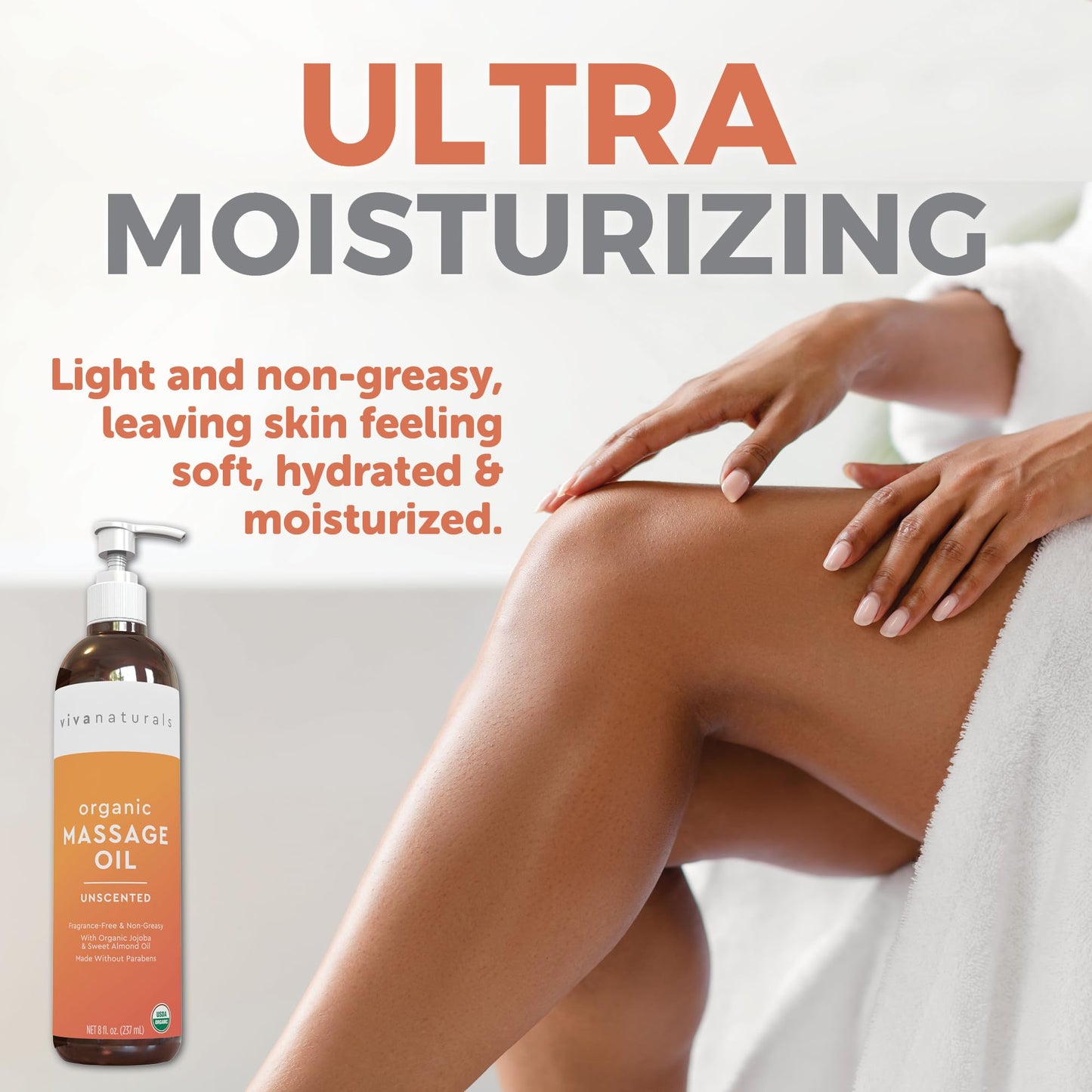 Viva Naturals Organic Massage Oil, Unscented, 8 fl oz (237 mL) – Non-Greasy, Certified Organic Massage Therapy Oils