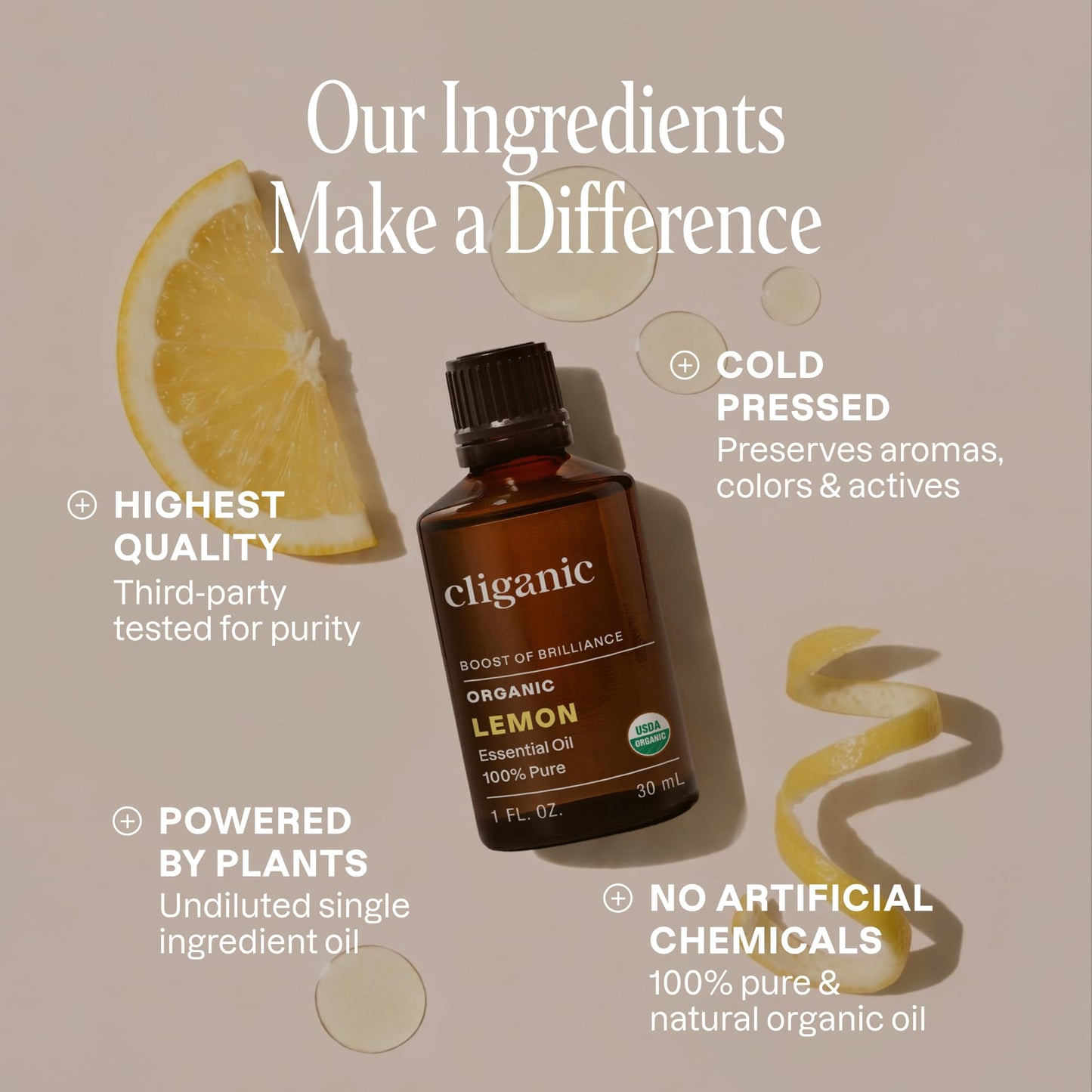 Cliganic USDA Organic Lemon Essential Oil, 100% Pure & Natural | Undiluted, for Aromatherapy, Household Cleaning | Non-GMO Verified