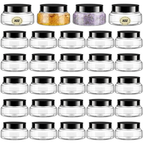 Tessco 24 Pack Plastic Jars with Lids Labels Plastic Containers Round Refillable Cosmetic Containers Empty Body Butter Jars Sugar Scrub Containers for Cosmetics (Clear,5 oz)
