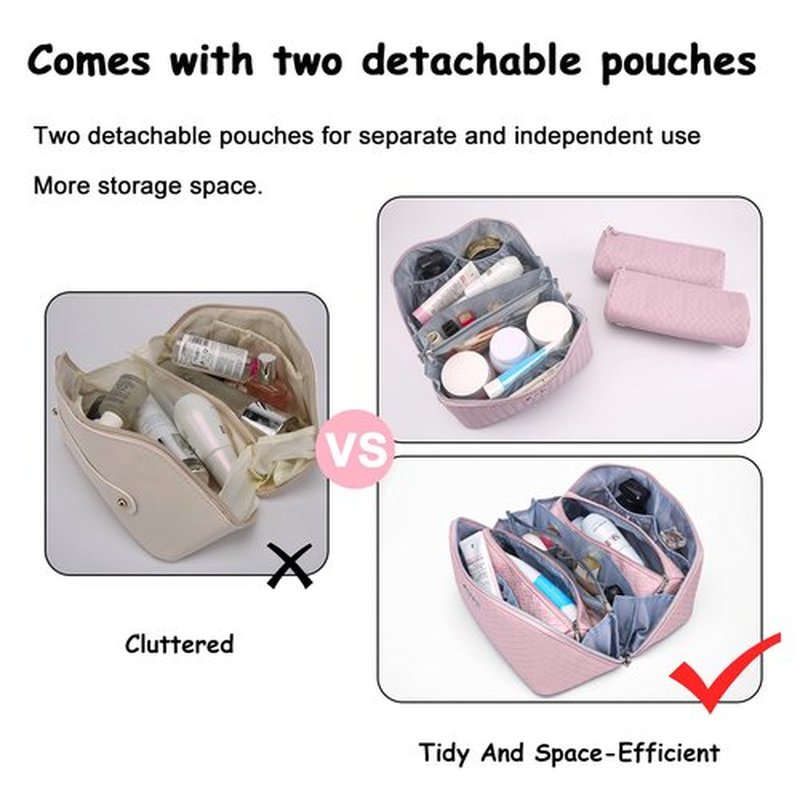 Travel Makeup Bags Cosmetic Organizer Bag: Large Capacity Make up Bag Set of 3 - Vegan Leather Toiletry Bag for Women - Portable Makeup Organizer with Compartments & Handle & Divider (1 Violet)