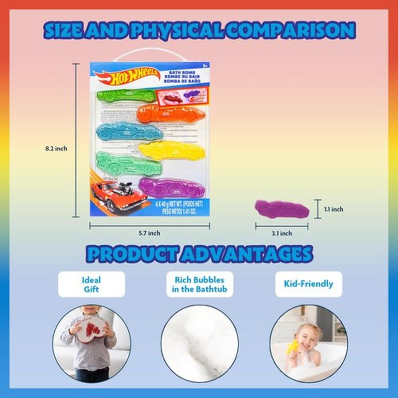 Hot Wheels 6 Piece Bath Bombs for Kids, Bubble Gum Scented, Bath Toys for Kids, Ages 3+, by Townley Girl