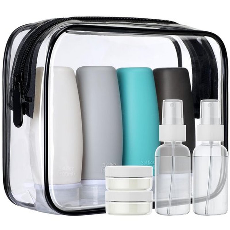PACKISM TSA Approved Toiletry Bag with Bottles - Travel Accessories 8 Pack Leakproof 3.4oz Silicone Travel Bottles for Toiletries, Shampoo Conditioner Lotion Body Wash BPA Free, Black