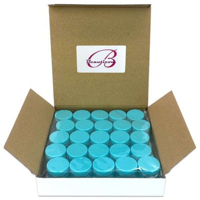Beauticom 3g/3ml (0.1 Fl Oz) Round Clear Plastic Jars with Round Top Lids for Creams, Lotions, Make Up, Powders, Glitters, and more... (Color: Teal Lid Quantity: 50 Pieces)