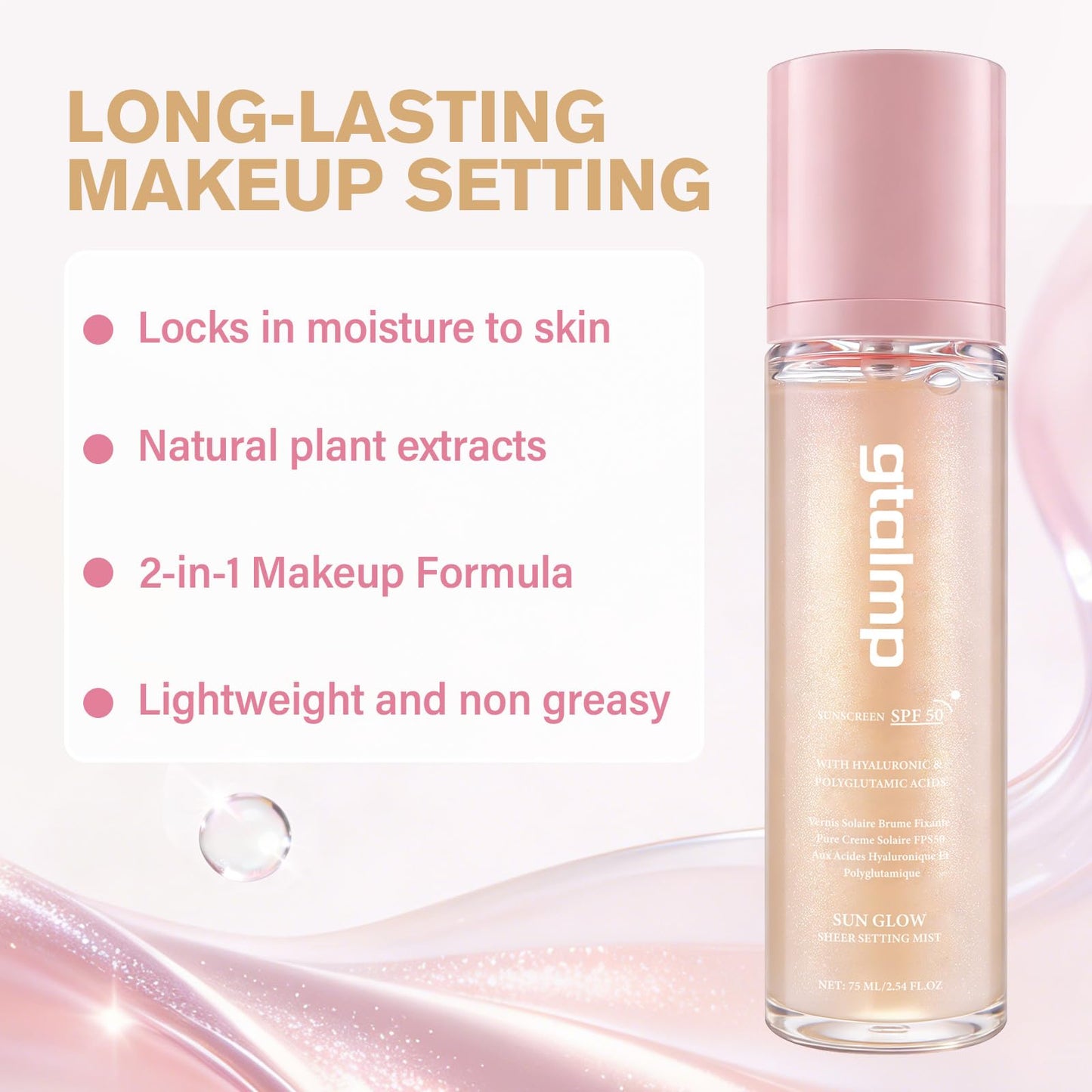 Glitter Sunscreen Spray SPF 50, Sheer Face & Body Setting Mist, 2.54 fl oz