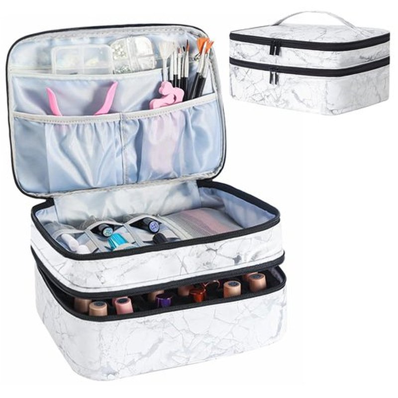 LYFFXYH Nail Polish Carrying Case -Holds 30 bottles(15ml-0.5fl.oz)，Nail Polish Bag organizer, Double-layer Storage Bag for Nail Polish and Manicure Set, Cosmetic Travel Cases(White)