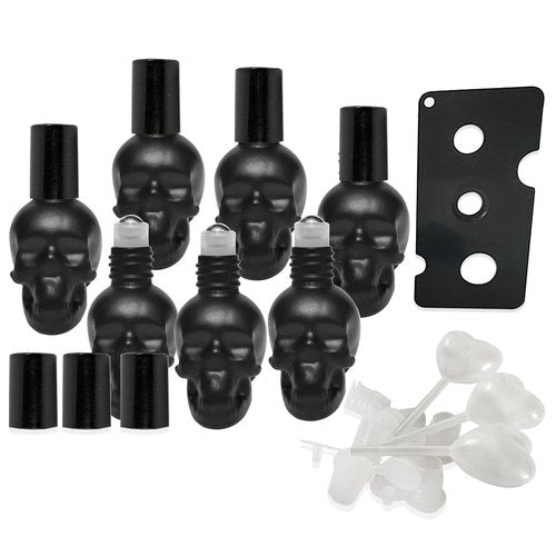 MINELEVEN 7 pcs Set 10ml Mini Skull Glass Oil Roller Bottles Leakproof Essential Oils Bottle for Storage and Travel (black)