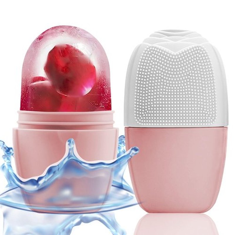 KOGITI Ice Mold for Face, Ice Roller for Face & Eye, Beauty Facial Ice Rollers Ice Holder Mold Face Puffiness Relief Massage Skin Care Tools, Ice Facial Cube (Brush-Pink White)