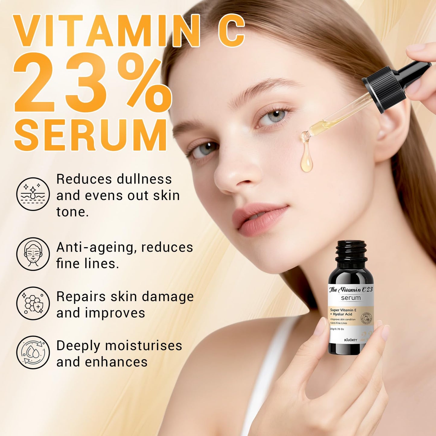 23% Vitamin C Serum - Vitamin E & Hyaluronic Acid Blend - Hydrating & Skin-Improving Formula, Reduces Wrinkles/Fine Lines, Evens Skin Tone - Gentle for All Skin Types, Promotes Smooth, Radiant Skin