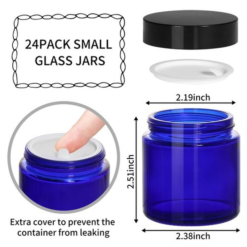 KEYWING 4oz Blue Glass Cosmetic Jars with Black Lids, 24 Pack Empty Small Glass Jars with Inner Liners for Cream, Lotion, Ointments, Powder