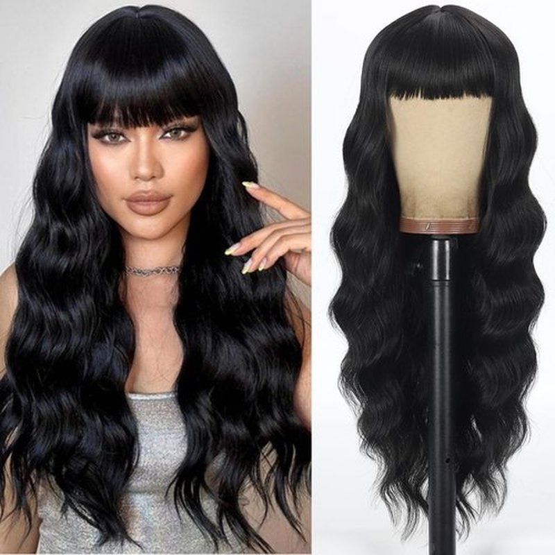 ponyttda 26 Inch Black Wig with Bangs Long Wavy Black Wigs for Women Natural Black Curly Hair Wig Heat Resistant Black Wavy Synthetic Wig for Daily Party Use
