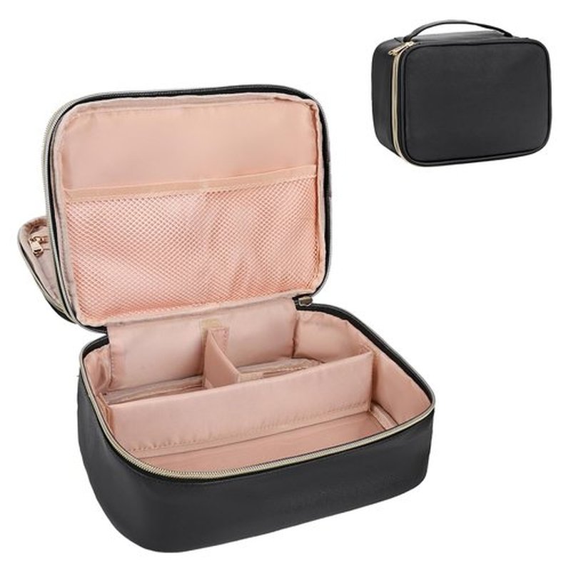 Black Makeup Bag, Travel Makeup Bag Cosmetic Bag, Makeup Brush Holder Organizer with Dividers, Travel Makeup Case for Women, Large Toiletry Bag Cosmetic Case, Black